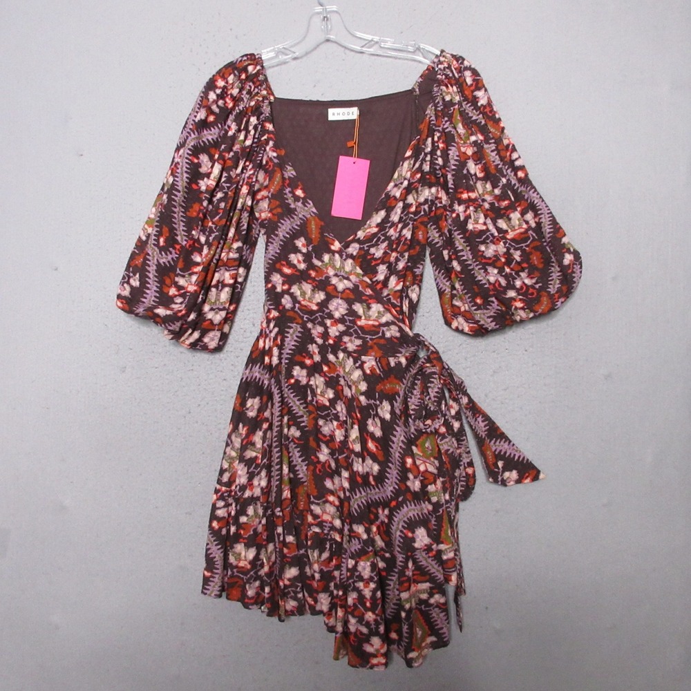 RHODE Brown Floral Wrap Mini Dress with Puff Sleeves